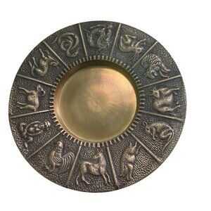 Vintage Chinese Zodiac Brass Ashtray Trinket Dish 7" Made In Korea Rare